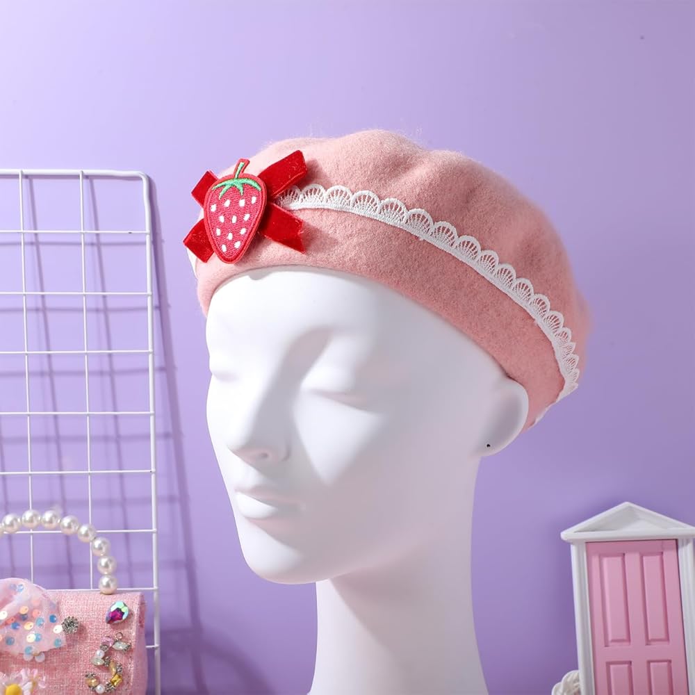 Berets Strawberry Bow Woolen Beret Hat Wool Cap Pink